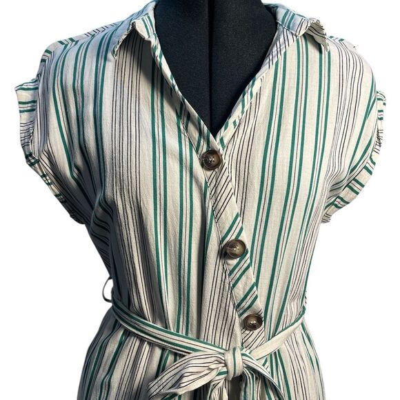Lulus Back to Classics Green and White Striped Midi Shirt Dress Linen Blend S - Picture 3 of 14
